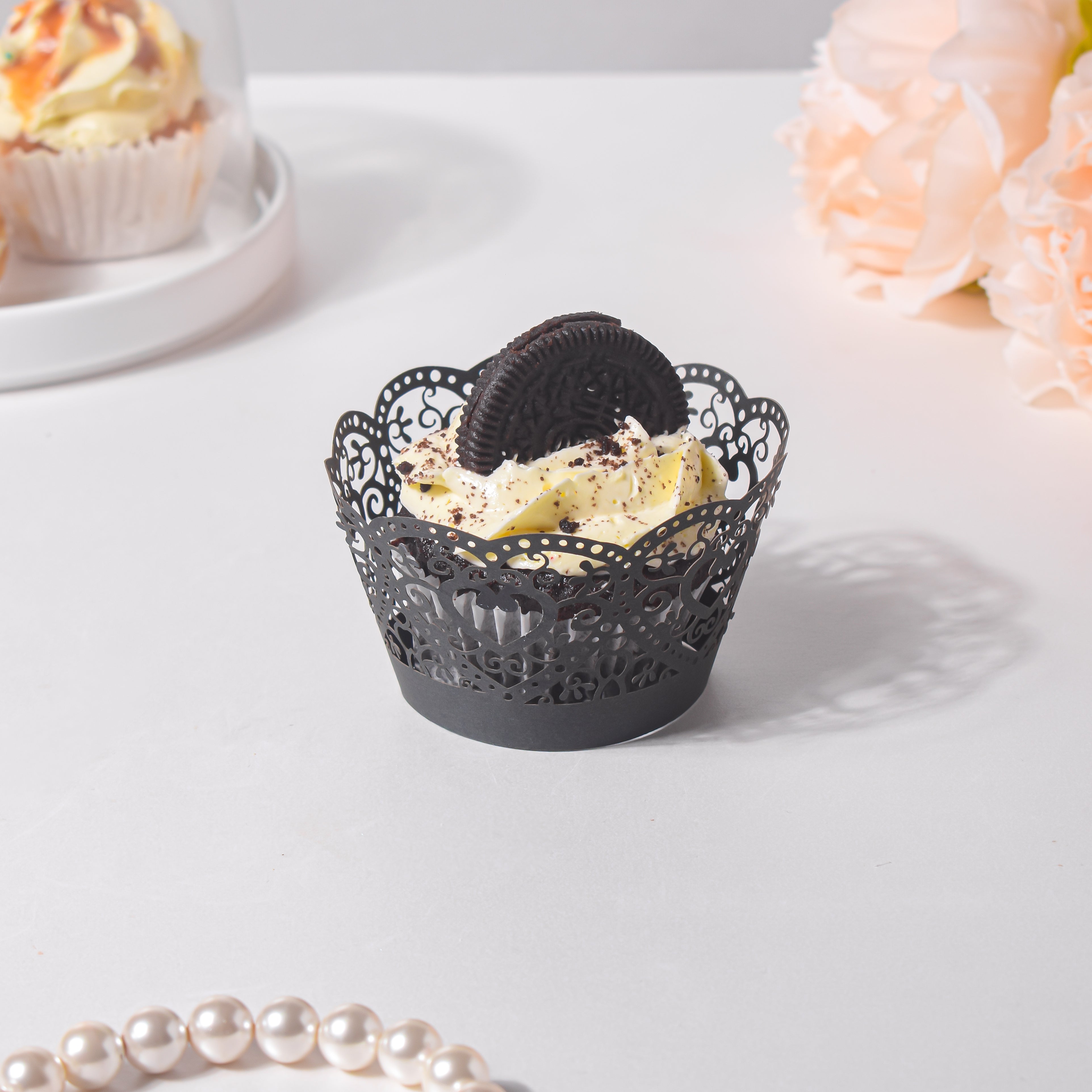 Black lace shop cupcake wrappers