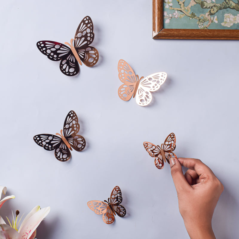 Rose Gold Foil Butterfly 3D Wall Stickers Set Of 12 - Wall stickers for wall decoration & wall design | Room decor items