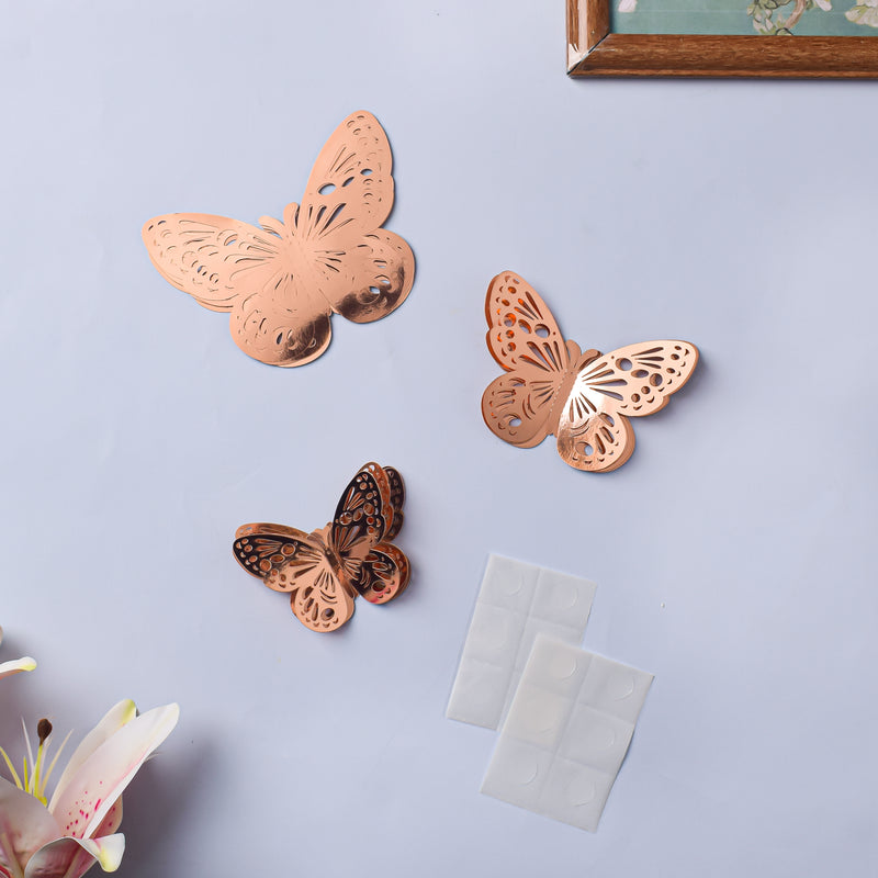 Rose Gold Foil Butterfly 3D Wall Stickers Set Of 12 - Wall stickers for wall decoration & wall design | Room decor items