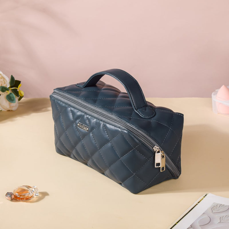 Makeup Pouch With Diagonal Side Zip Blue Grey Large