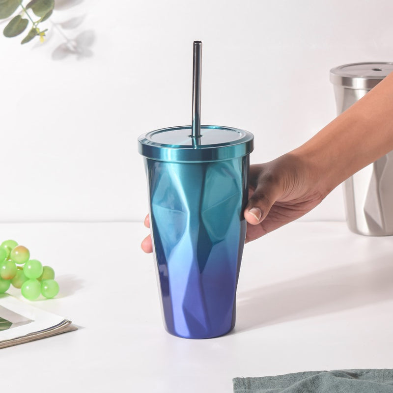 Double Walled Ombre Tumbler With Straw Blue 500ml- Sippers, sipping cup, travel mug | Sippers for Travelling & Home decor