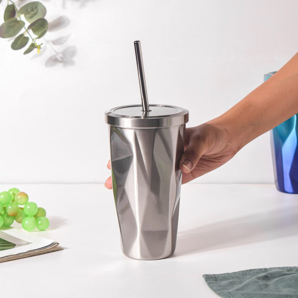 Double Walled Tumbler With Straw Silver 500ml- Sippers, sipping cup, travel mug | Sippers for Travelling & Home decor