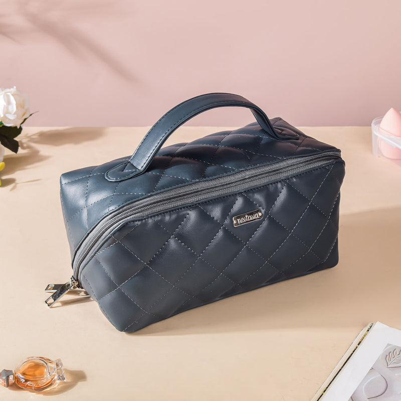 Makeup Pouch With Diagonal Side Zip Blue Grey Large
