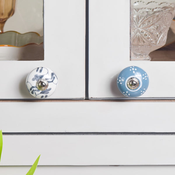 Ceramic Floral Door Knobs Teal And White Set Of 8