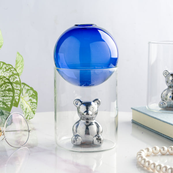 Bear In The Jar Glass Planter Blue - Glass flower vase for home decor, office and gifting | Home decoration items