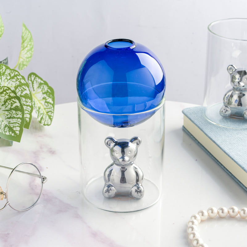 Bear In The Jar Glass Planter Blue - Glass flower vase for home decor, office and gifting | Home decoration items