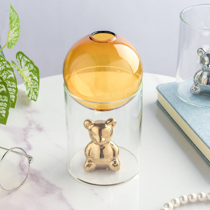 Bear In The Jar Glass Planter Amber - Glass flower vase for home decor, office and gifting | Home decoration items