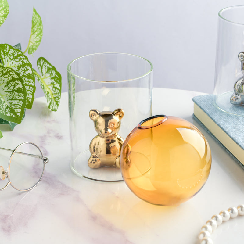 Bear In The Jar Glass Planter Amber - Glass flower vase for home decor, office and gifting | Home decoration items