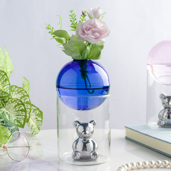 Bear In The Jar Glass Planter Blue - Glass flower vase for home decor, office and gifting | Home decoration items