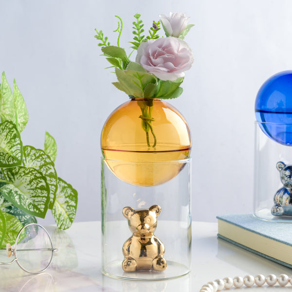 Bear In The Jar Glass Planter Amber - Glass flower vase for home decor, office and gifting | Home decoration items
