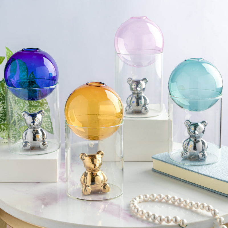 Bear In The Jar Glass Planter Amber - Glass flower vase for home decor, office and gifting | Home decoration items