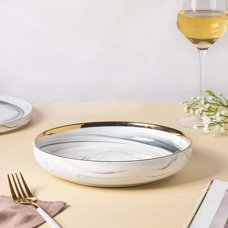 Marble Patterned Ceramic Deep Plate Grey 8 Inch - Serving plate, pasta plate, lunch plate, deep plate | Plates for dining table & home decor
