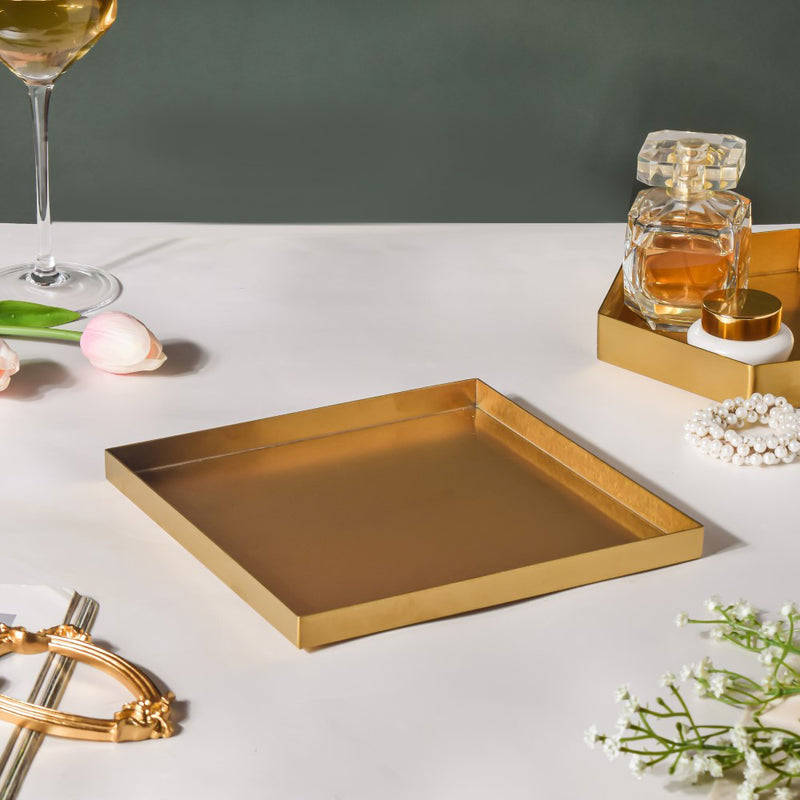 Metal Square Vanity Tray Golden 8 Inch