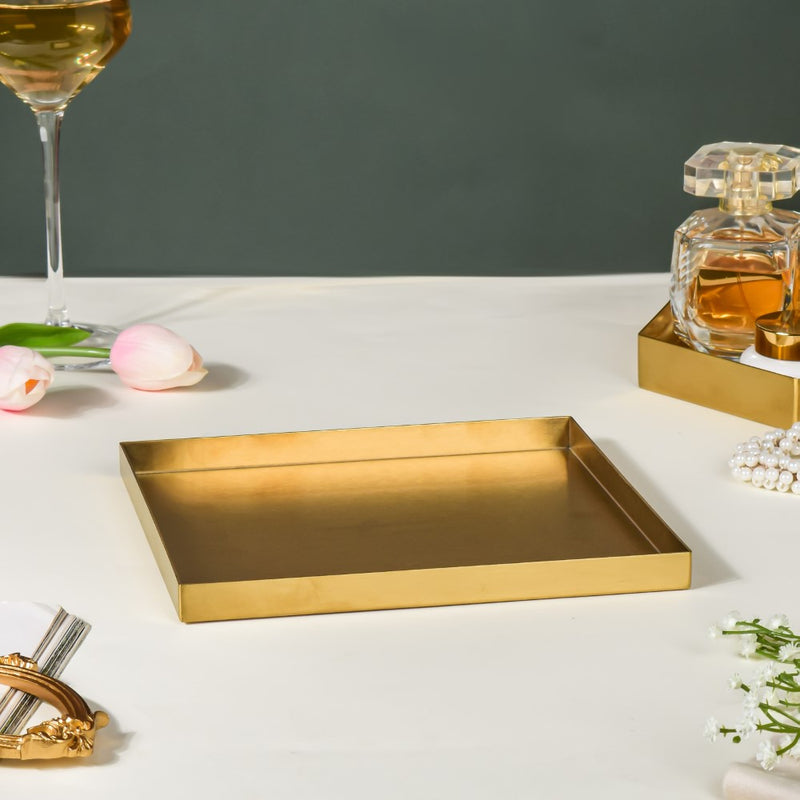 Metal Square Vanity Tray Golden 8 Inch