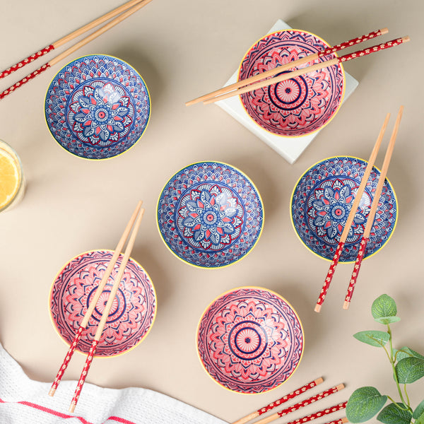 Mandala Floral Ceramic Bowl And Chopstick Multicolour Set Of 6