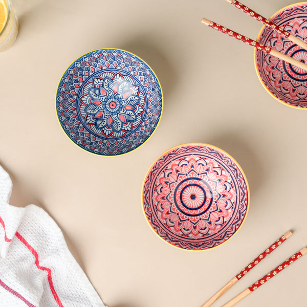 Mandala Floral Ceramic Bowl And Chopstick Multicolour Set Of 12 - Bowl,ceramic bowl, snack bowls, curry bowl, popcorn bowls | Bowls for dining table & home decor
