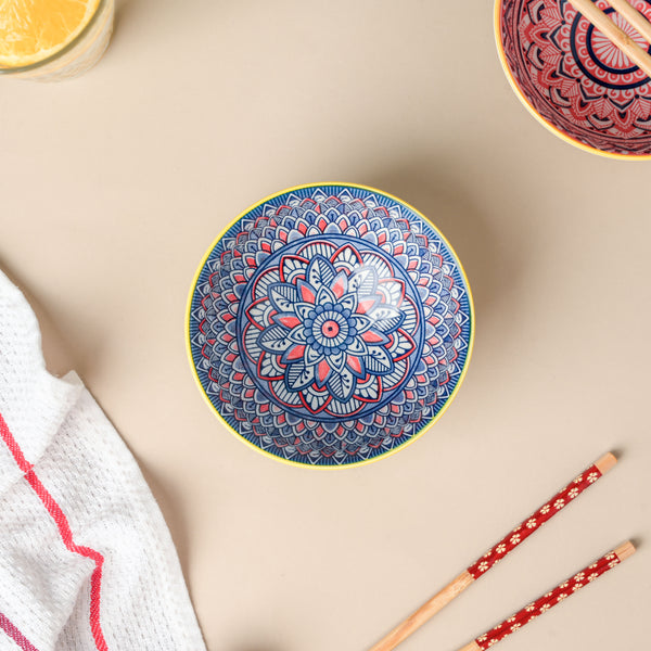 Mandala Floral Ceramic Bowl And Chopstick Multicolour Set Of 6