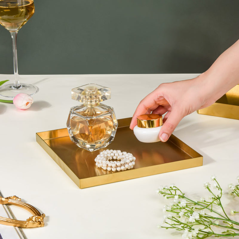 Metal Square Vanity Tray Golden 8 Inch