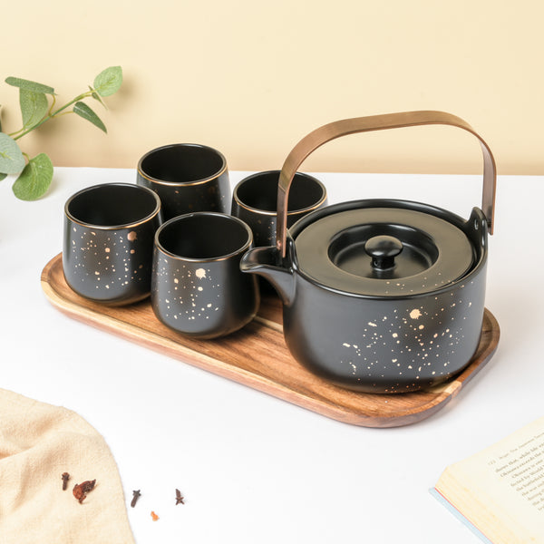 CARA Gold Detail Black Tea Set - Teapot set, tea set, kettle and cup set | Tea set for Dining table & Home decor