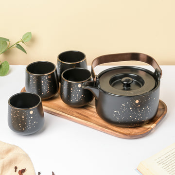CARA Gold Detail Black Tea Set - Teapot set, tea set, kettle and cup set | Tea set for Dining table & Home decor