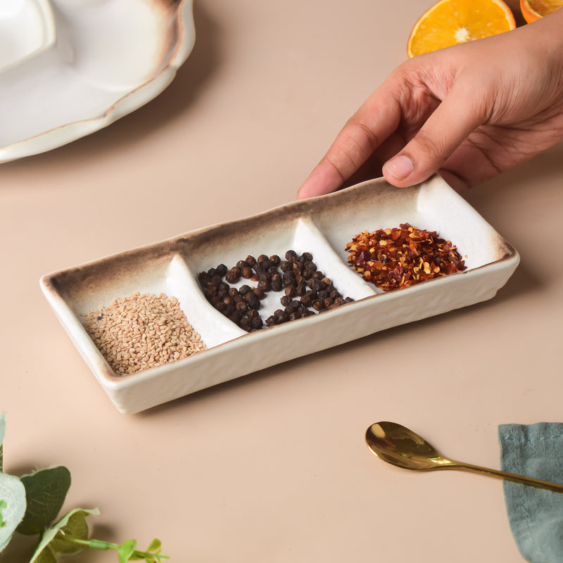 Cavern Clay 3 Section Ceramic Dip Plate - Bowl, ceramic bowl, dip bowls, chutney bowl, dip bowls ceramic | Bowls for dining table & home decor 