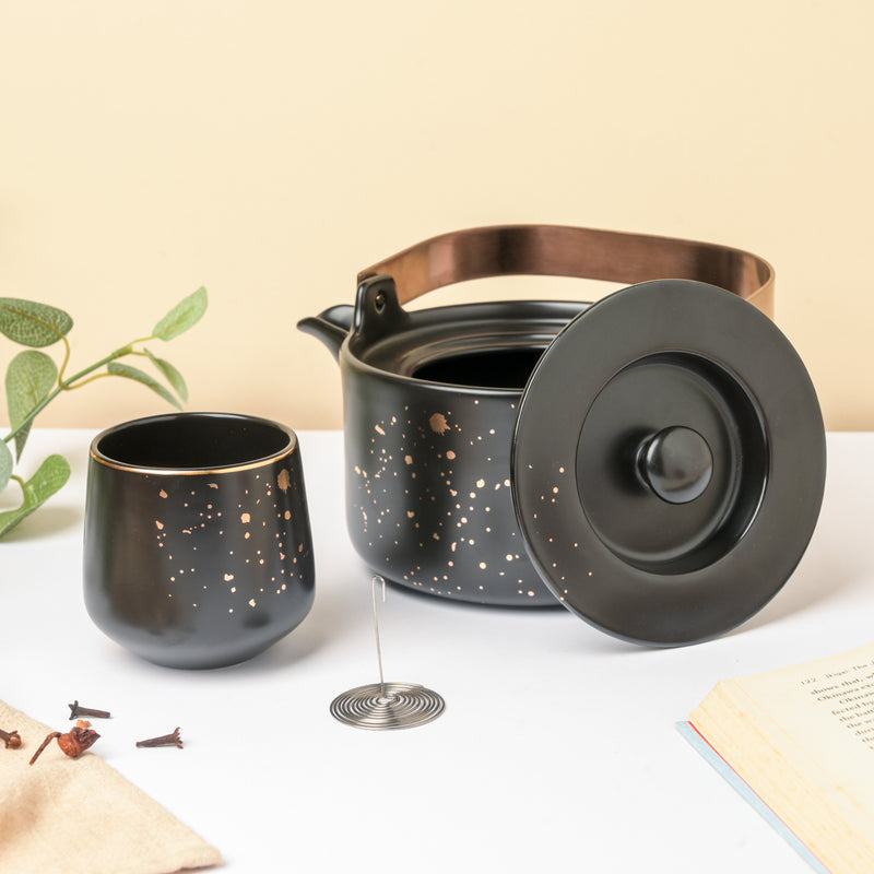 CARA Gold Detail Black Tea Set - Teapot set, tea set, kettle and cup set | Tea set for Dining table & Home decor