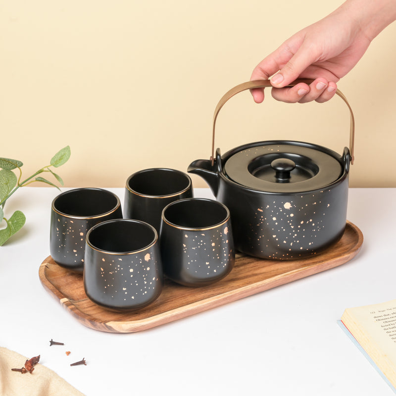 CARA Gold Detail Black Tea Set - Teapot set, tea set, kettle and cup set | Tea set for Dining table & Home decor