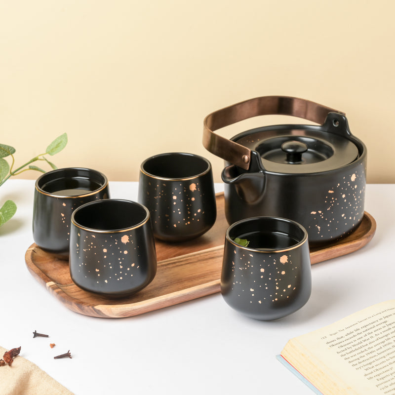 CARA Gold Detail Black Tea Set - Teapot set, tea set, kettle and cup set | Tea set for Dining table & Home decor