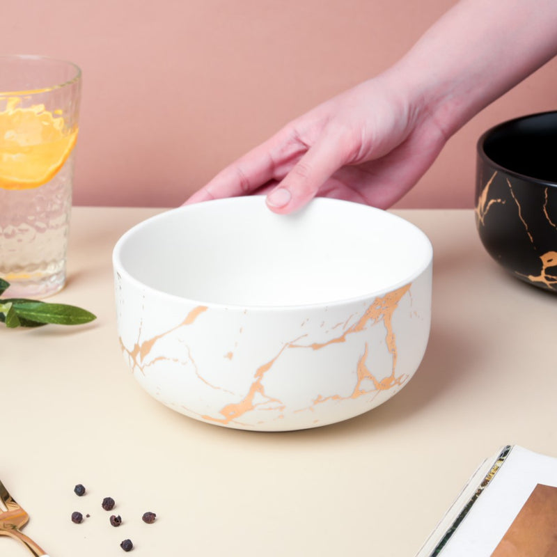 Gold Detailed Marble Ceramic Serving Bowl White - Bowl, ceramic bowl, serving bowls, noodle bowl, salad bowls, bowl for snacks, large serving bowl | Bowls for dining table & home decor