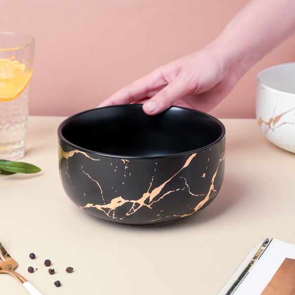 Gold Detailed Marble Ceramic Serving Bowl Black - Bowl, ceramic bowl, serving bowls, noodle bowl, salad bowls, bowl for snacks, large serving bowl | Bowls for dining table & home decor