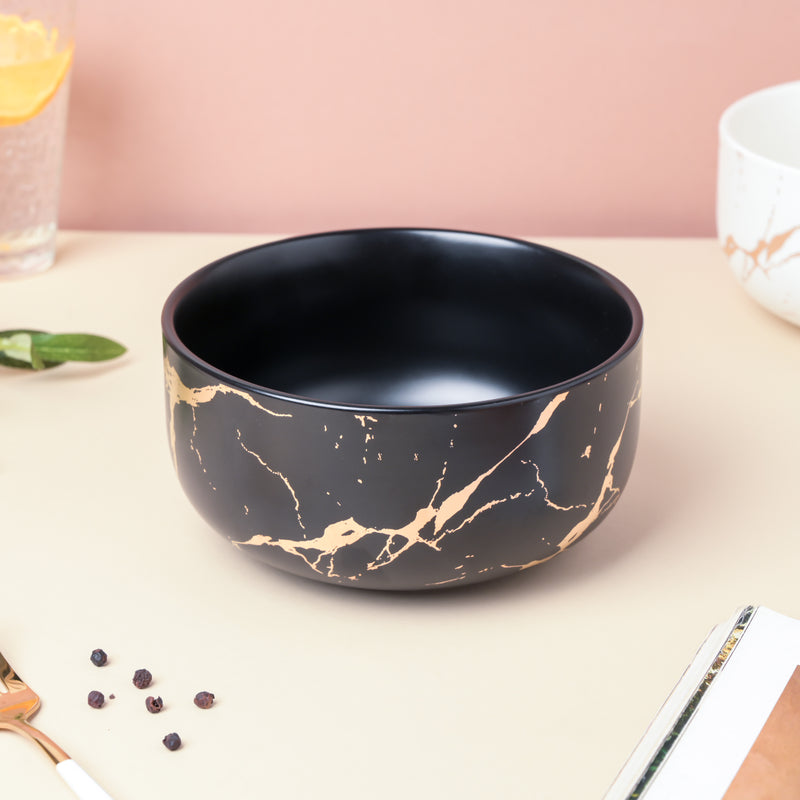 Gold Detailed Marble Ceramic Serving Bowl Black - Bowl, ceramic bowl, serving bowls, noodle bowl, salad bowls, bowl for snacks, large serving bowl | Bowls for dining table & home decor