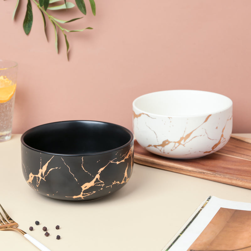 Gold Detailed Marble Ceramic Serving Bowl Black - Bowl, ceramic bowl, serving bowls, noodle bowl, salad bowls, bowl for snacks, large serving bowl | Bowls for dining table & home decor