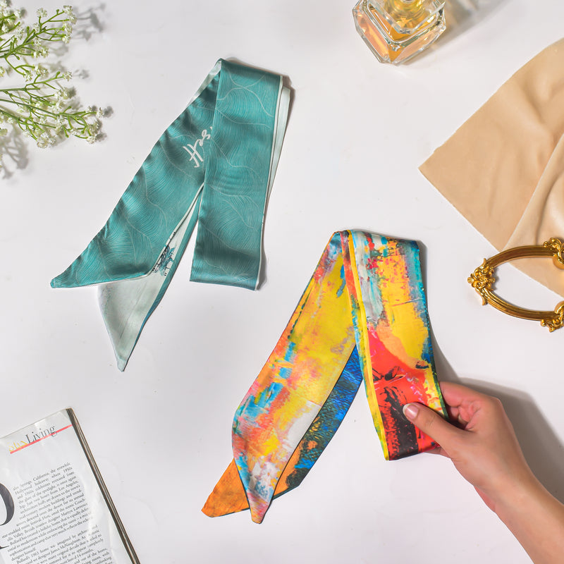 Satin Skinny Scarf Blue And Multicolour Set of 2 38 Inch