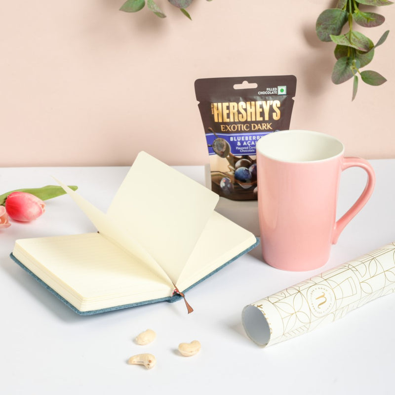 Blue Notebook and Pink Mug Diwali Hamper Set Of 3