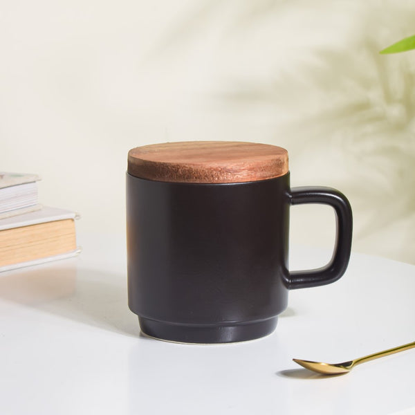 Savanna Stoneware Mug With Lid Black 250 ml- Mug for coffee, tea mug, cappuccino mug | Cups and Mugs for Coffee Table & Home Decor