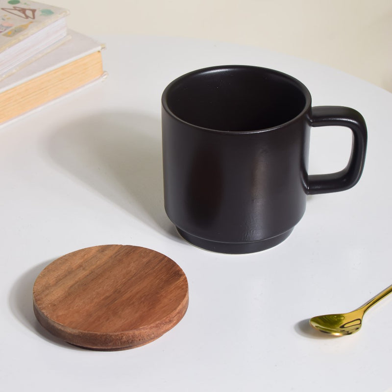Savanna Stoneware Mug With Lid Black 250 ml- Mug for coffee, tea mug, cappuccino mug | Cups and Mugs for Coffee Table & Home Decor