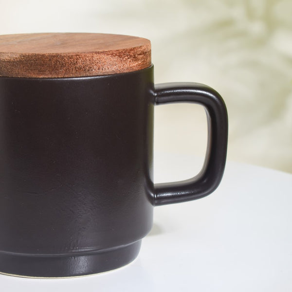 Savanna Stoneware Mug With Lid Black 250 ml- Mug for coffee, tea mug, cappuccino mug | Cups and Mugs for Coffee Table & Home Decor