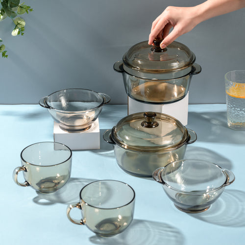 Glass Bowls and Cups Set of 6 - Serving bowl with lid, glass serving bowl, micro oven bowl, bowl with handle | Bowls for dining table & home decor