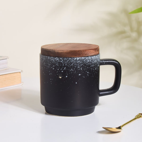 Galaxy Stone Pottery Mug With Lid Black 250 ml- Mug for coffee, tea mug, cappuccino mug | Cups and Mugs for Coffee Table & Home Decor