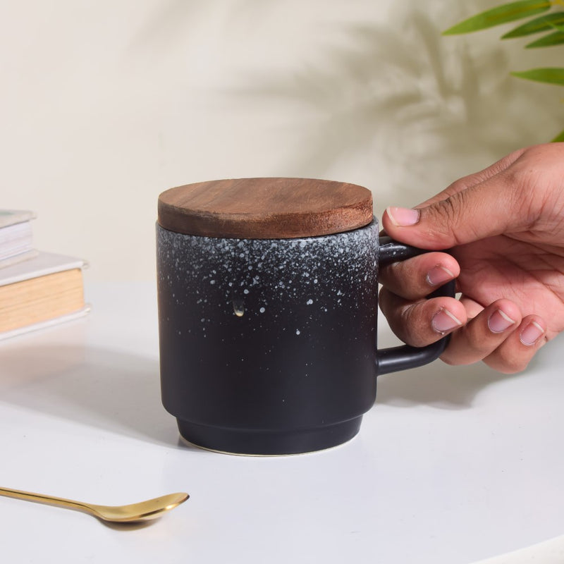 Galaxy Stone Pottery Mug With Lid Black 250 ml- Mug for coffee, tea mug, cappuccino mug | Cups and Mugs for Coffee Table & Home Decor