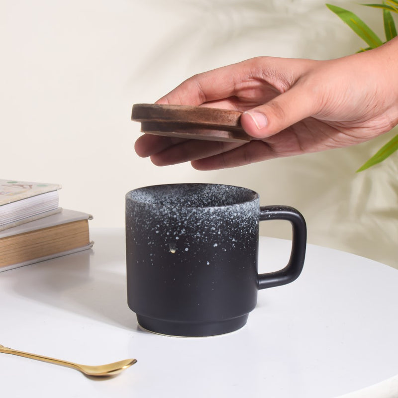 Galaxy Stone Pottery Mug With Lid Black 250 ml- Mug for coffee, tea mug, cappuccino mug | Cups and Mugs for Coffee Table & Home Decor