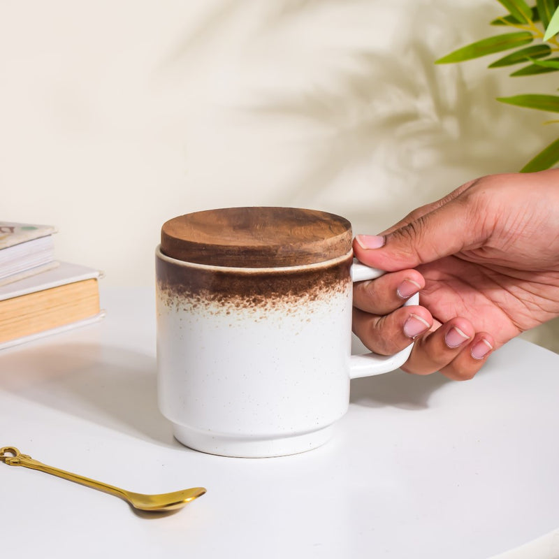 Cavern Clay Mug With Lid White 250 ml- Mug for coffee, tea mug, cappuccino mug | Cups and Mugs for Coffee Table & Home Decor