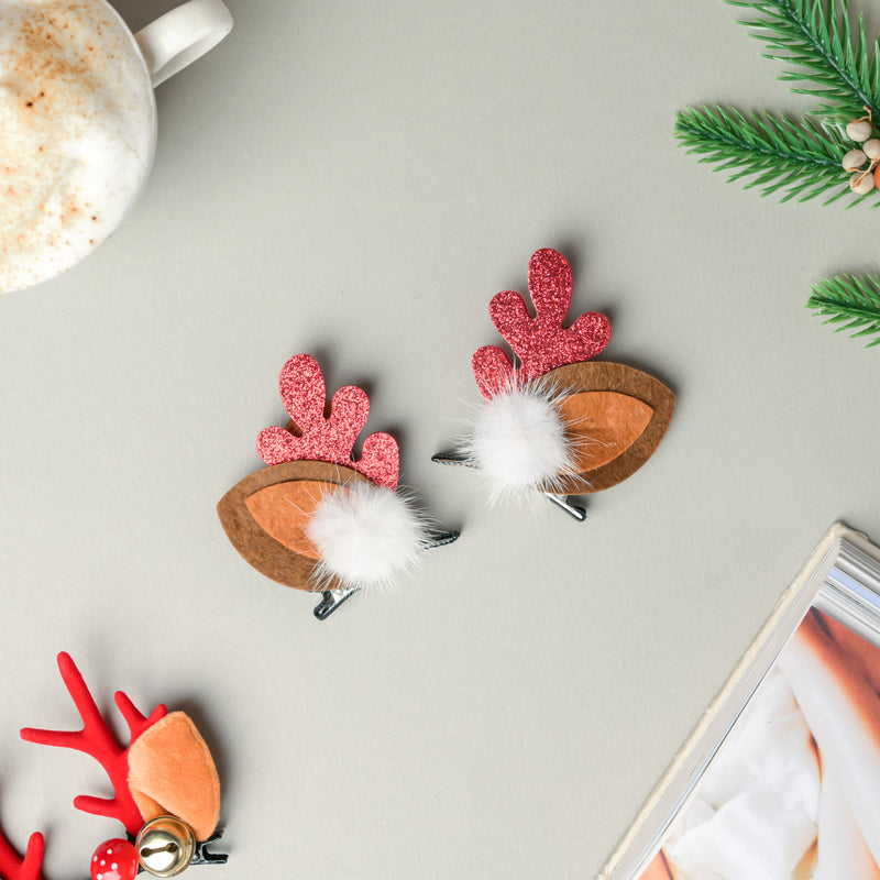 Reindeer Christmas Hairpin With Fur Set of 2