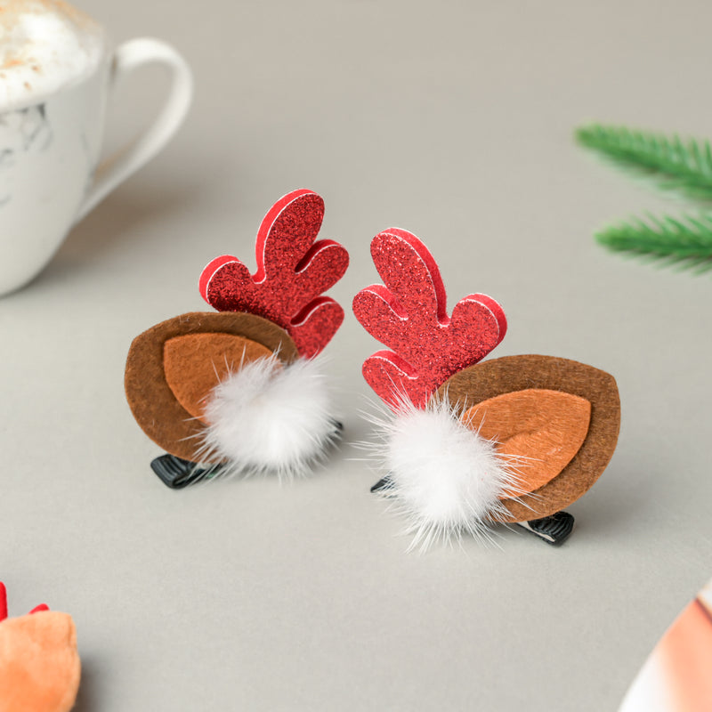 Reindeer Christmas Hairpin With Fur Set of 2