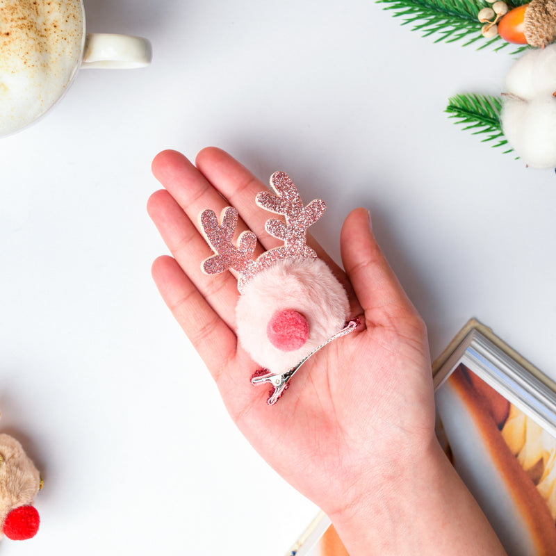 Fluffy Reindeer Hairpin Baby Pink