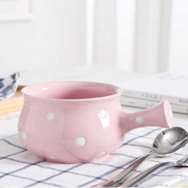 Dots Ceramic Pot Pink - Soup bowl, ceramic bowl, salad bowls, snack bowls, bowl with handle | Bowls for dining table & home decor