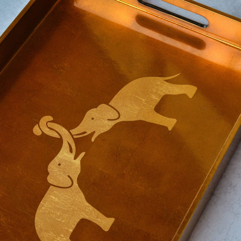 Rectangle Lacquer Tray With Elephant Design - Copper