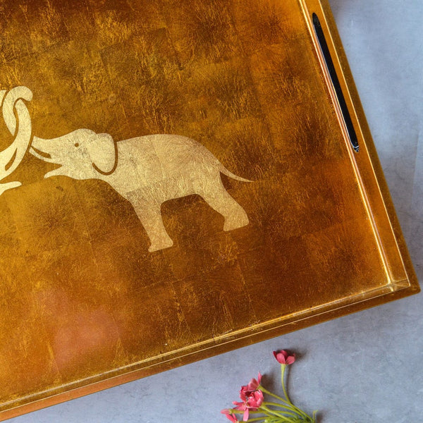 Rectangle Lacquer Tray With Elephant Design - Copper