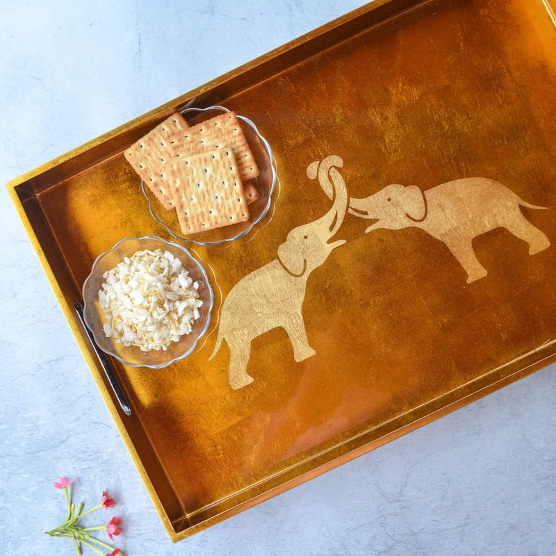 Rectangle Lacquer Tray With Elephant Design - Copper