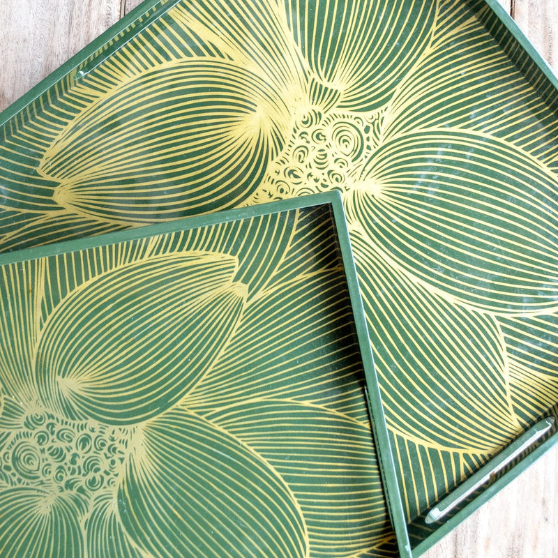 OLIVE Green Gold Floral Square Lacquer Tray (Set Of 2)
